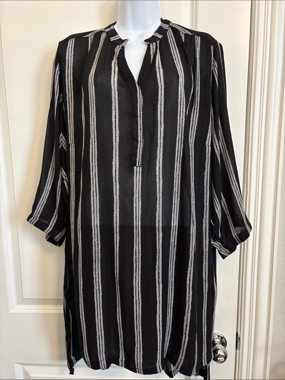 Ellis Black & White Vertical Stripe Long-Sleeve Tunic Dress 18 (#20T)